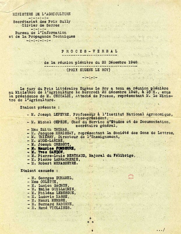 Procès verbal de la réunion plénière du jury du prix Eugène Le Roy, annoté par Colette, 22 décembre 1948