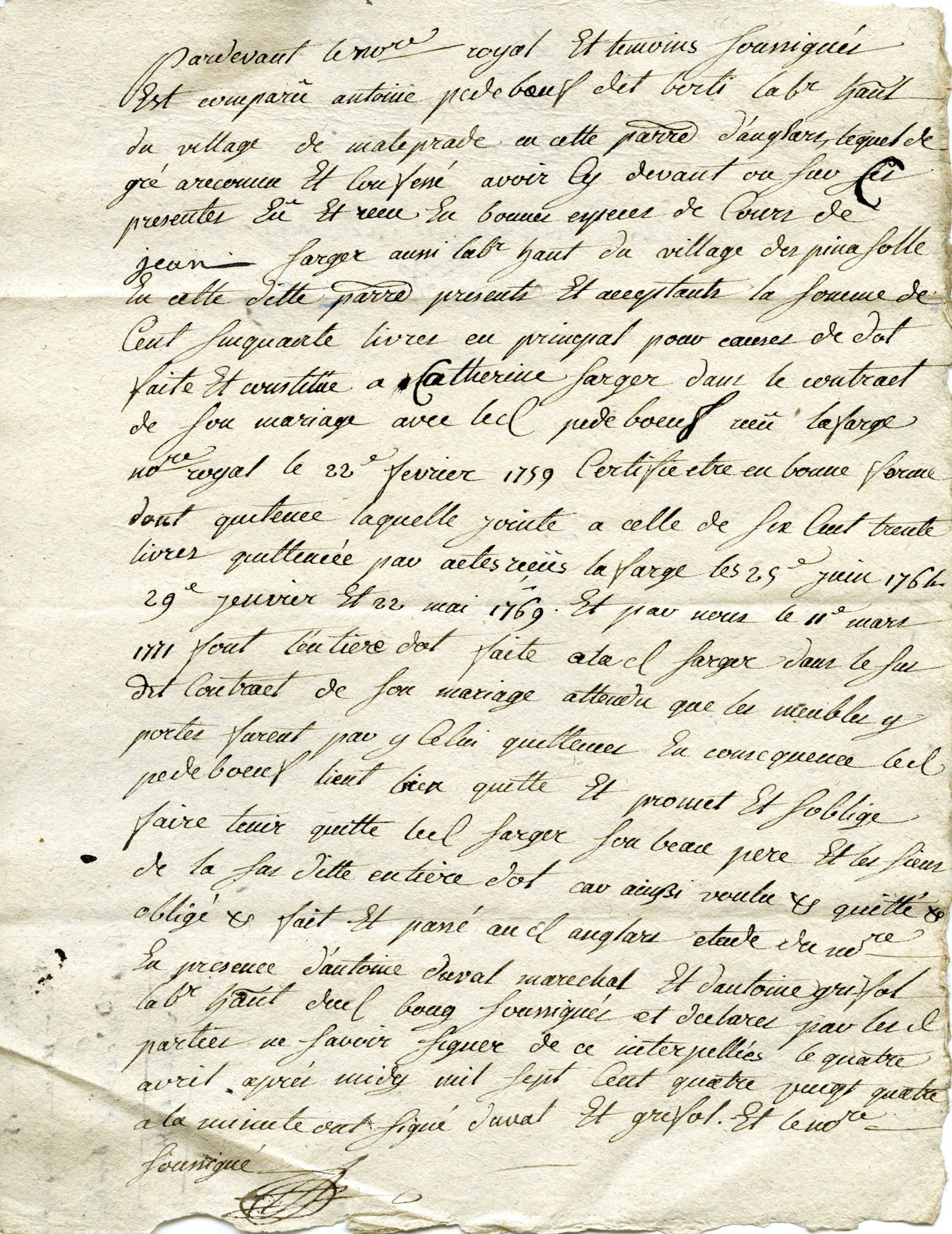 Quittance de 150 livres donnée par Antoine Pedebeuf dit Berti à Jean Sarger, tous deux d'Anglards-de-Salers (1784)