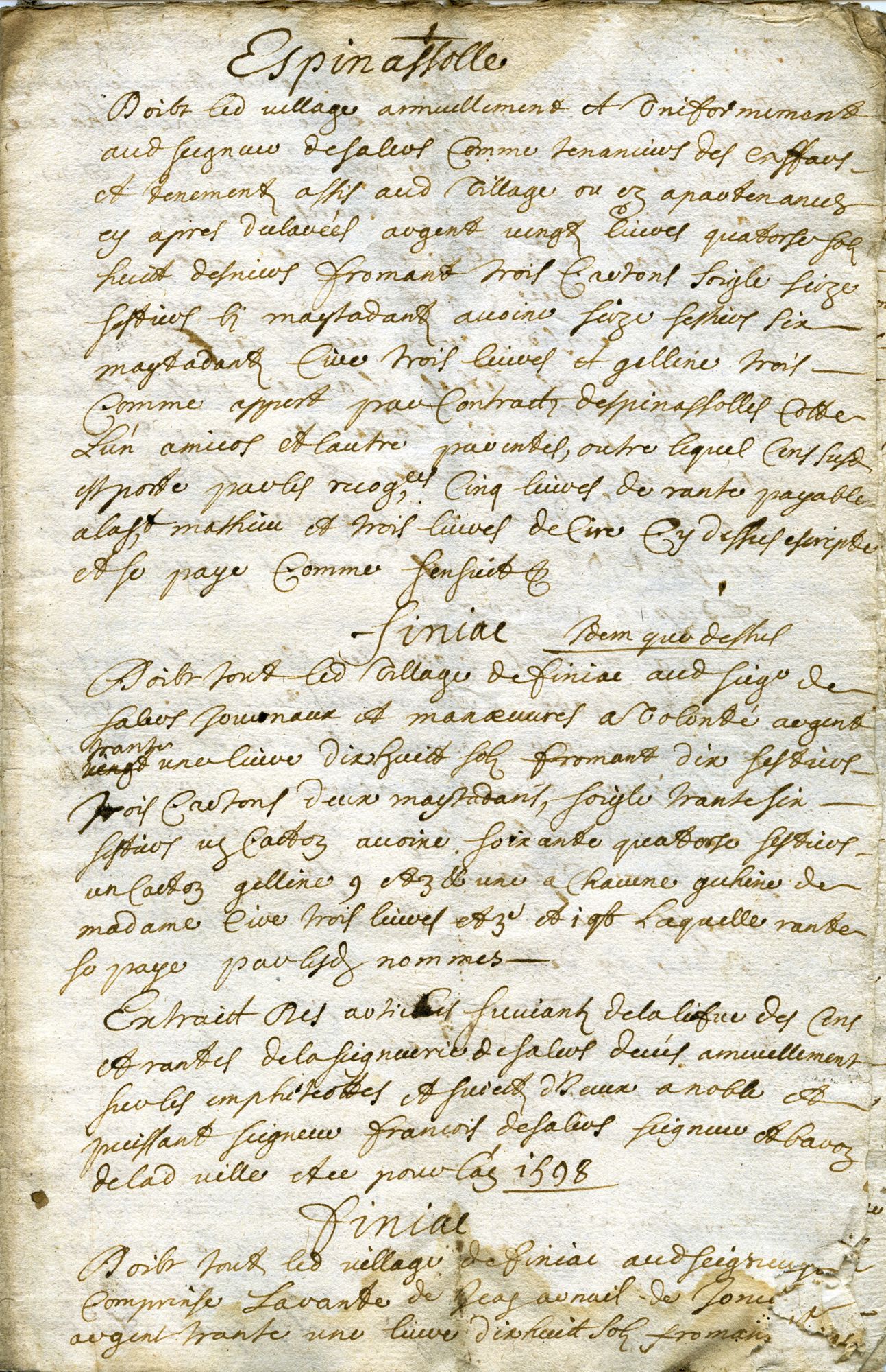 Liève des redevances dues par les villages d'Espinassolles et de Finiac à François, seigneur et baron de Salers (XVIIe siècle)