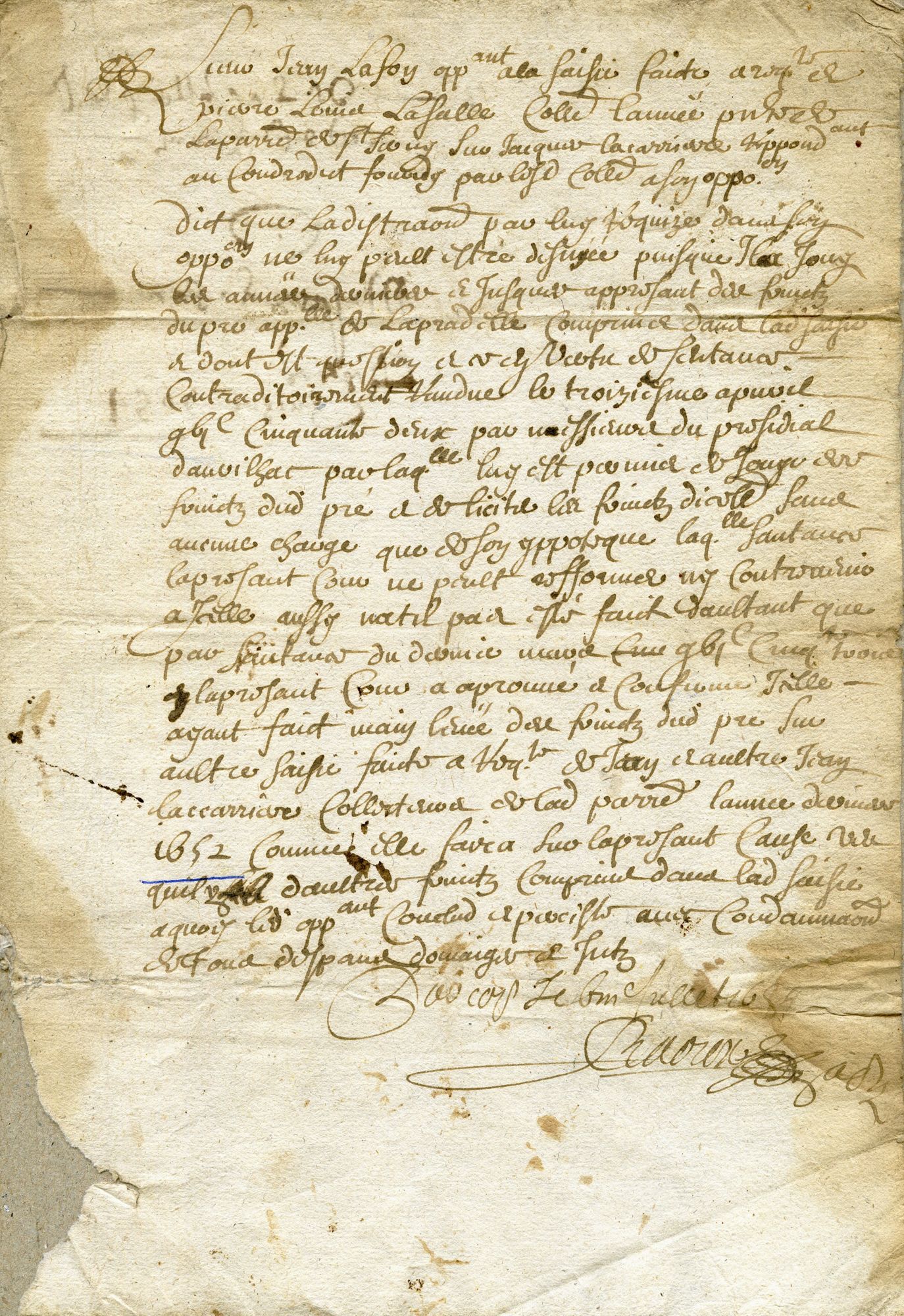 Opposition faite par Jean Lafon à la saisie, faite à la requête de Pierre Louis Lasalle collecteur des tailles de la paroisse de Saint-Cernin, de son pré de la Pradelle, situé dans la paroisse (1654)