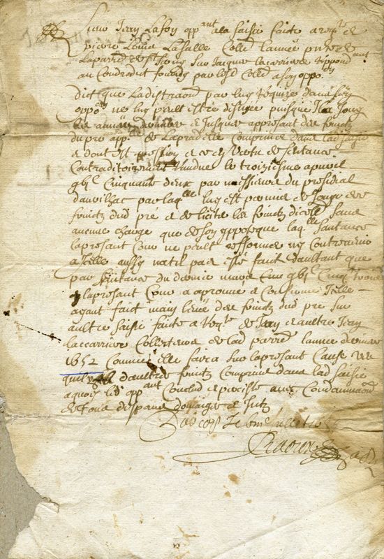 Opposition faite par Jean Lafon à la saisie, faite à la requête de Pierre Louis Lasalle collecteur des tailles de la paroisse de Saint-Cernin, de son pré de la Pradelle, situé dans la paroisse (1654)