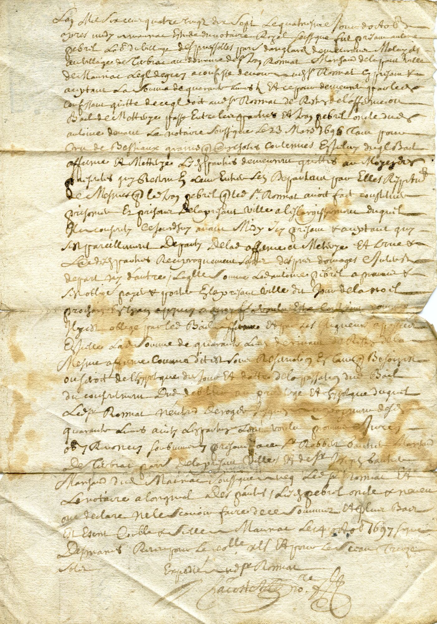 Obligation (= reconnaissance de dettes) portant département (= rupture du bail) reconnue par Antoine Pebrel, laboureur d'Espinassoles (Anglards-de-Salers) envers Jean Romial marchand de Mauriac (1697)
