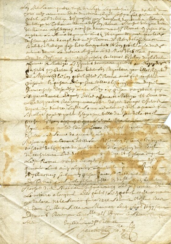 Obligation (= reconnaissance de dettes) portant département (= rupture du bail) reconnue par Antoine Pebrel, laboureur d'Espinassoles (Anglards-de-Salers) envers Jean Romial marchand de Mauriac (1697)
