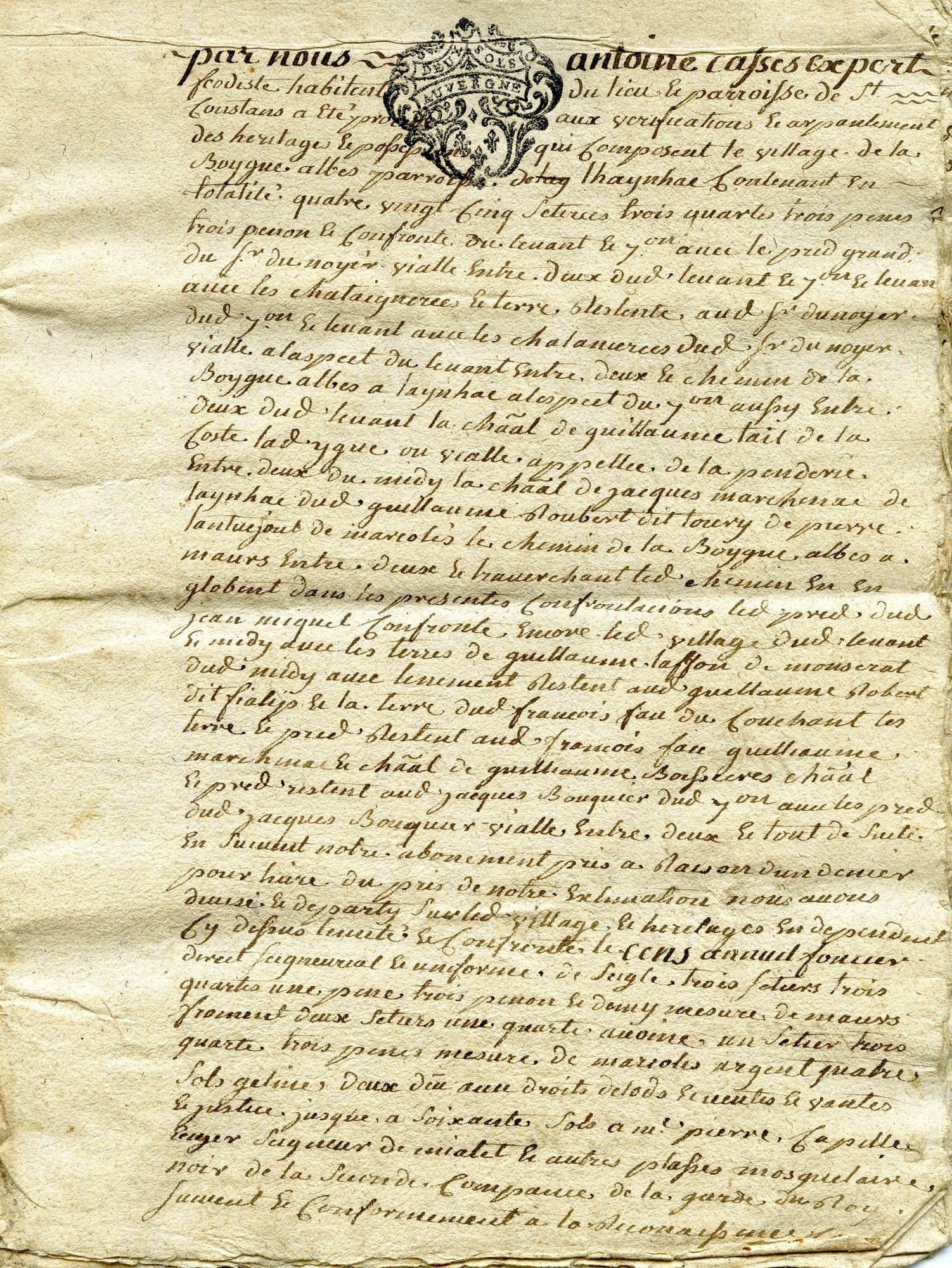 Arpentement du village de la Boygue, à Leynhac, établi par le feudiste Antoine Casses au profit de Pierre Capelle, seigneur de Méallet et mousquetaire noir (1774)