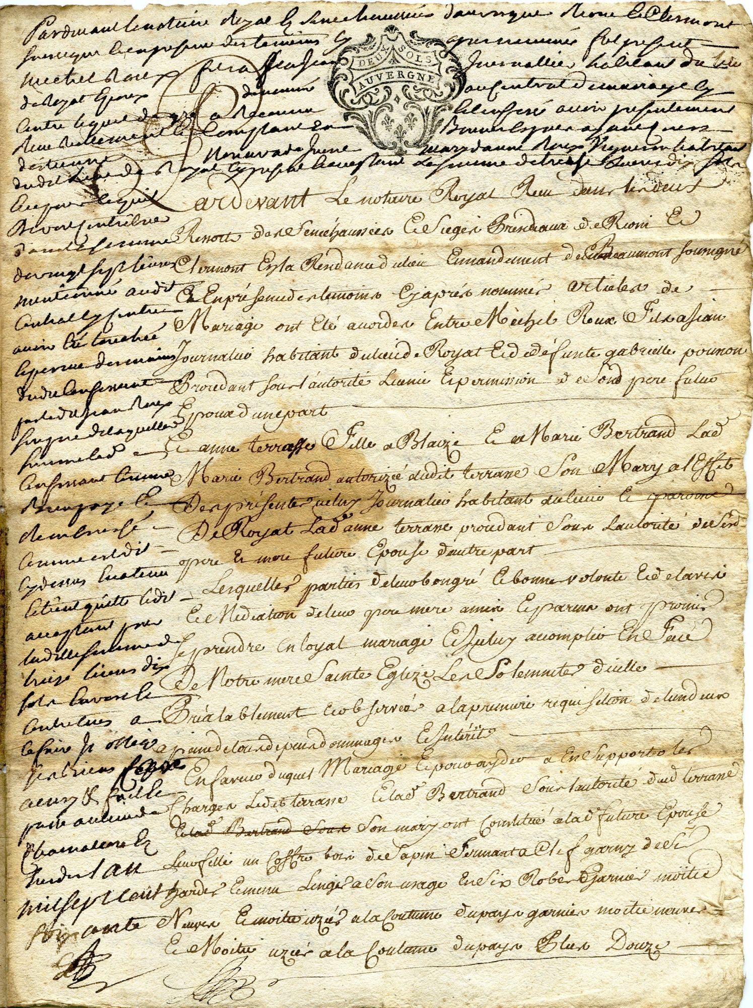 Contrat de mariage de Michel Roux avec Anne Terrasse, de Royat (1765, avec texte en marge de 1778)