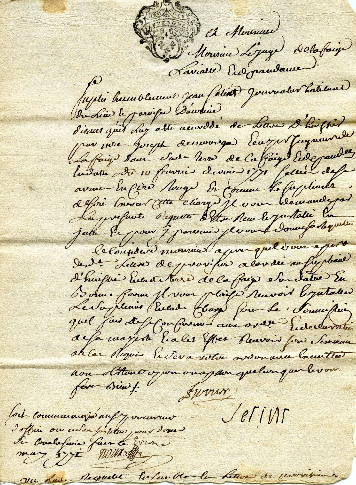 Supplique adressée au juge de la seigneurie de la Fage, Lavialle et dépendances, par Jean Setin, pour être reçu et installé huissier dans la juridiction (1771)