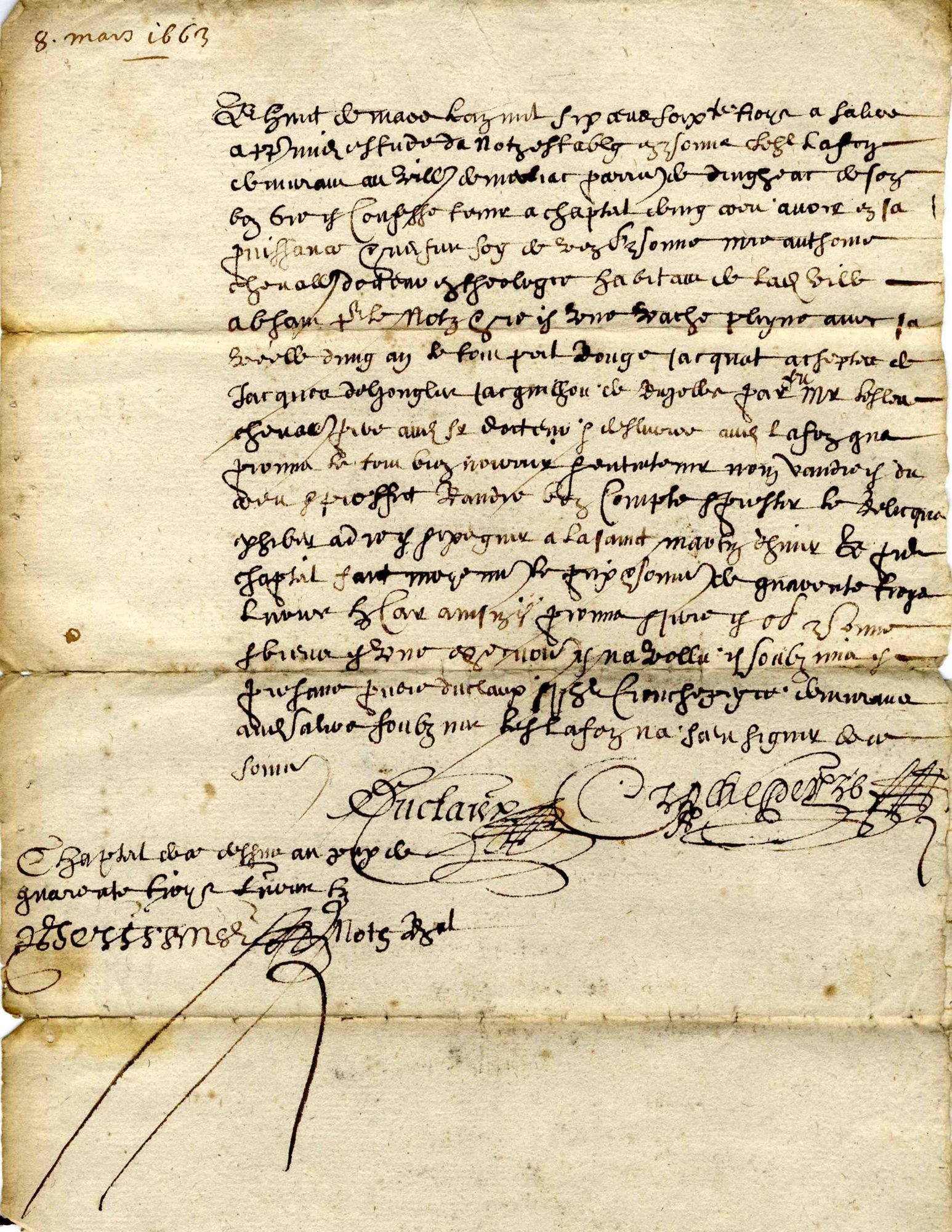 Bail à cheptel d'une vache plein et de sa velle donné par Antoine Chevalier, docteur en théologie, de Salers, à Jean Lafon, de Merliac, paroisse de Drugeac (1663)