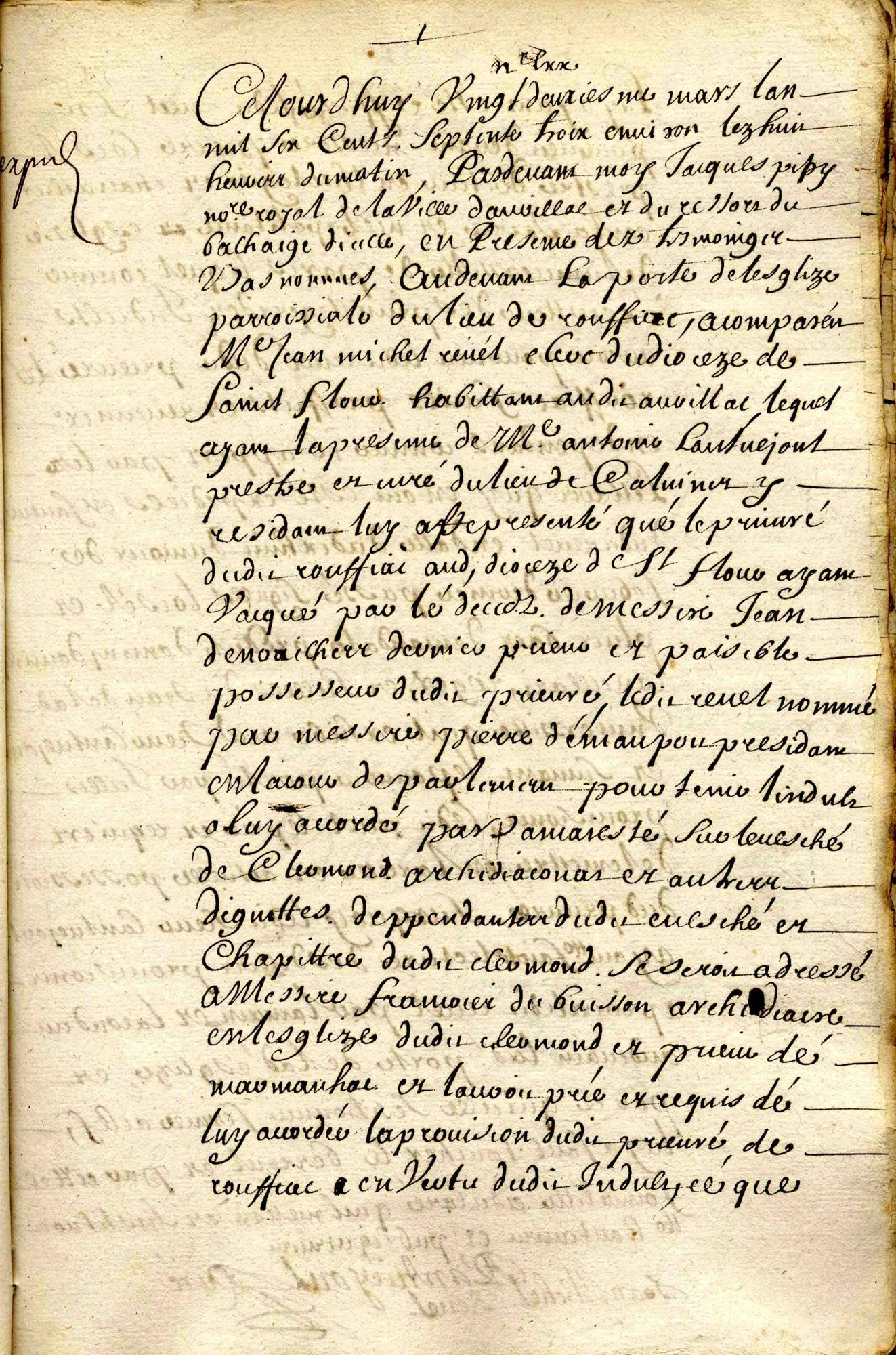 Mise en possession du prieuré de Rouffiac, vacant par le décès de Jean de Noailles, au profit de Jean Michel Revel (1673)