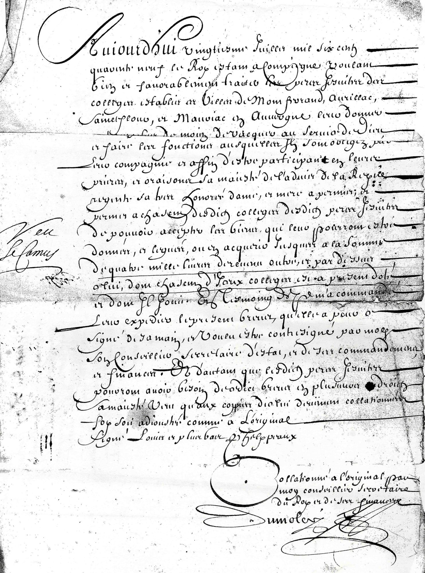 Brevet du roi Louis XIV en faveur des collèges jésuites d'Auvergne, leur permettant d'accepter les dons et legs jusqu'à un revenu de 4.000 livres (1649)