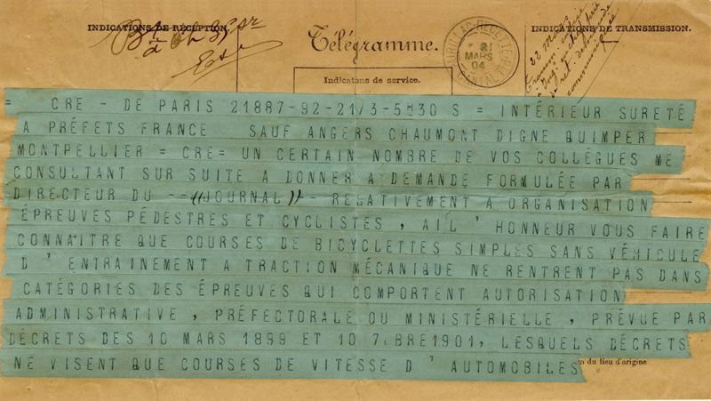 Télégramme du ministère de l'Intérieur (mars 1904)