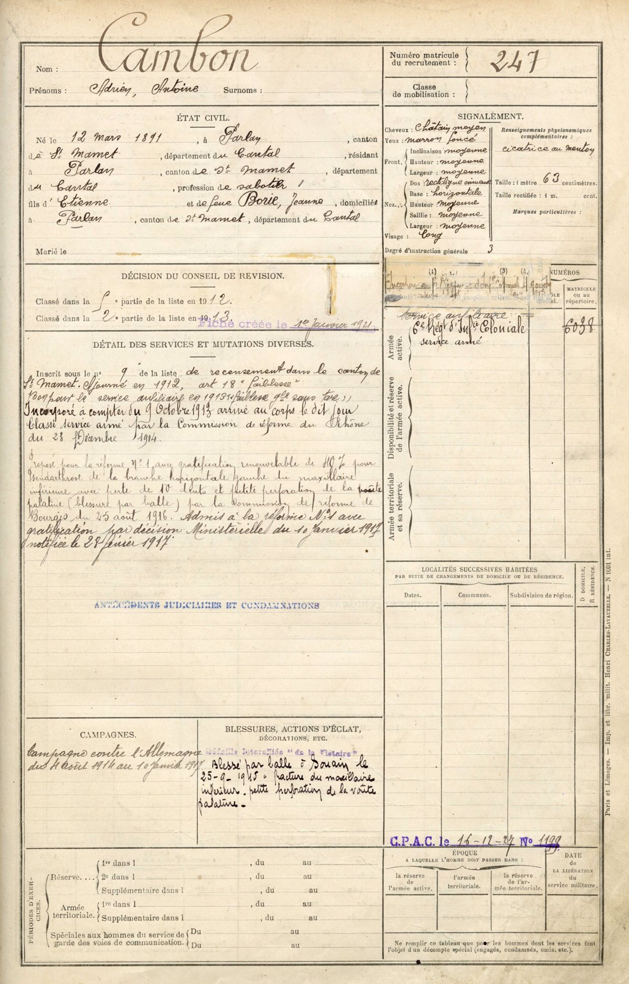 Livret militaire d’une gueule cassée