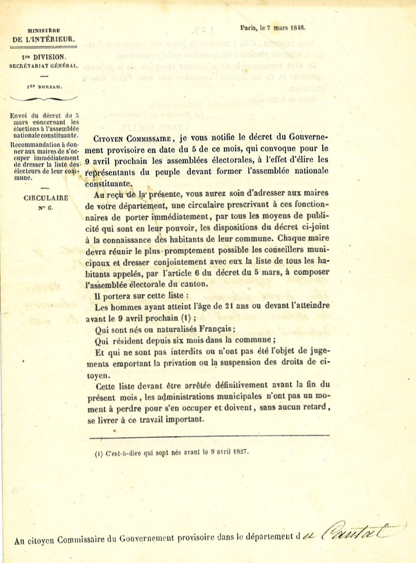 Instructions pour les élections du 9 avril 1848 (cote ADC 7 M 3)
