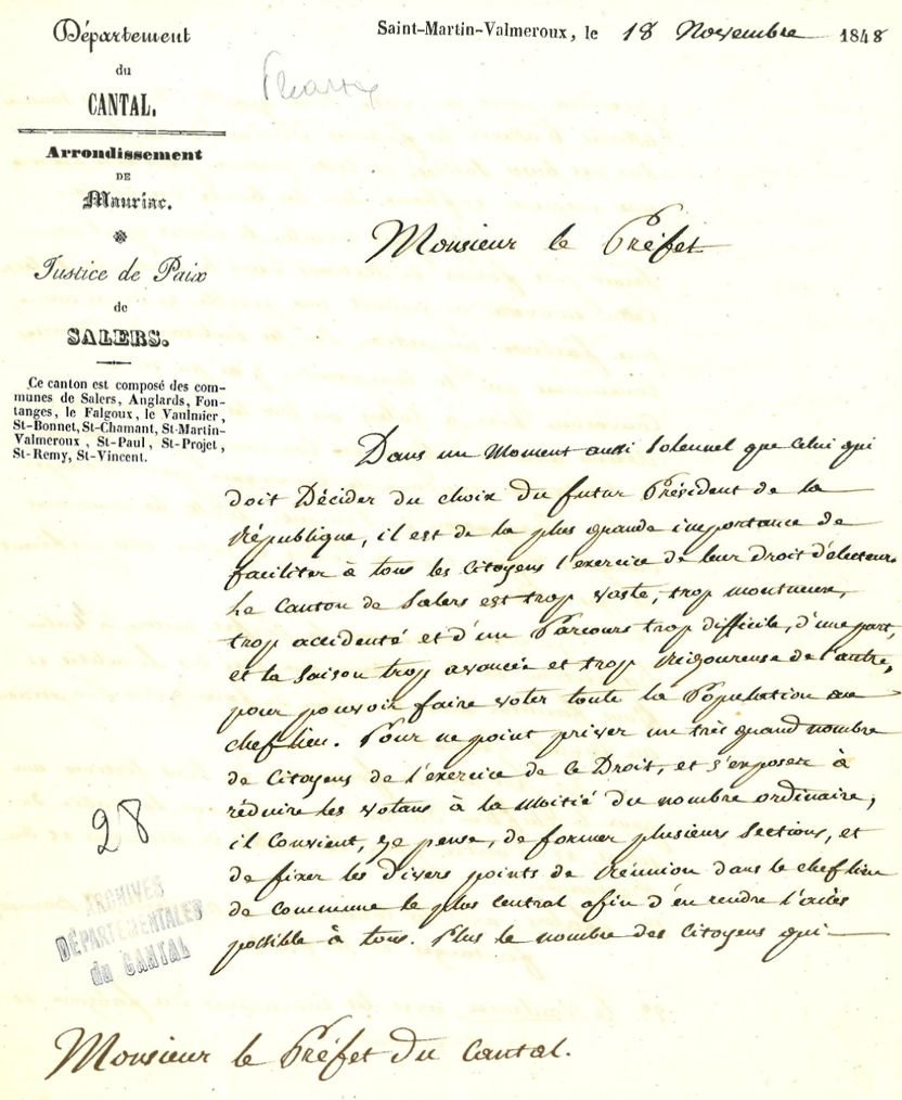 Requête pour faciliter le vote dans le canton de Salers (cote ADC 2 M 2).