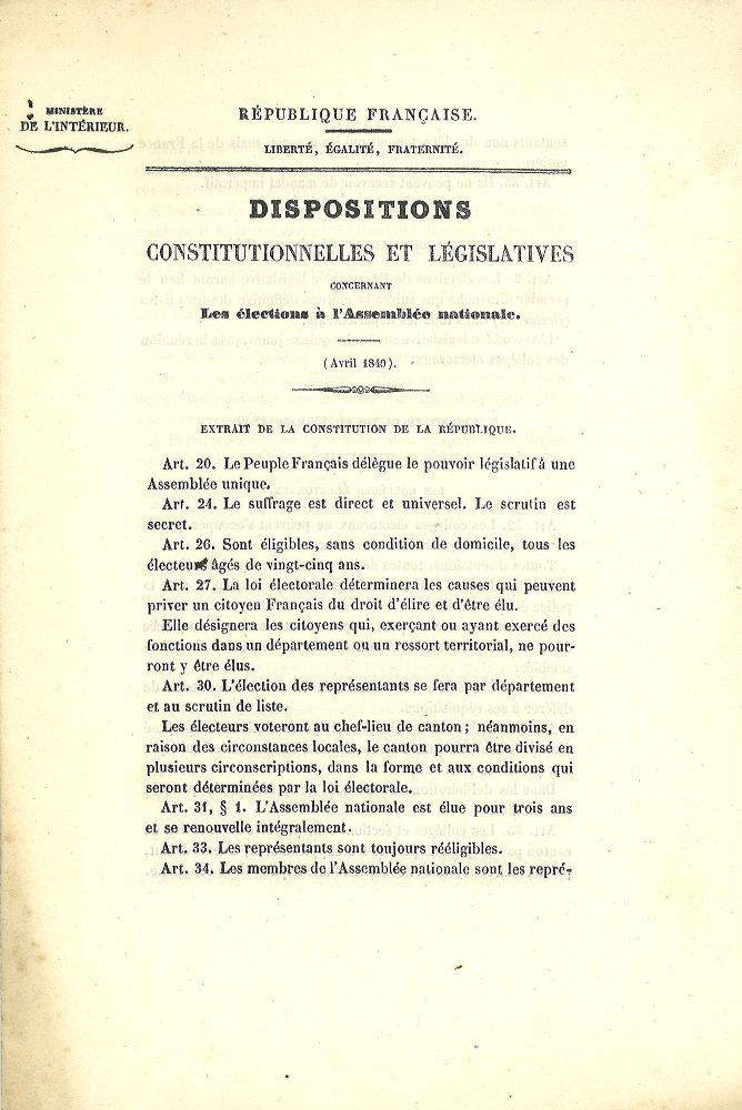 Extraits des dispositions constitutionnelles et législatives. Le déroulement du scrutin (cote ADC 7 M 3)