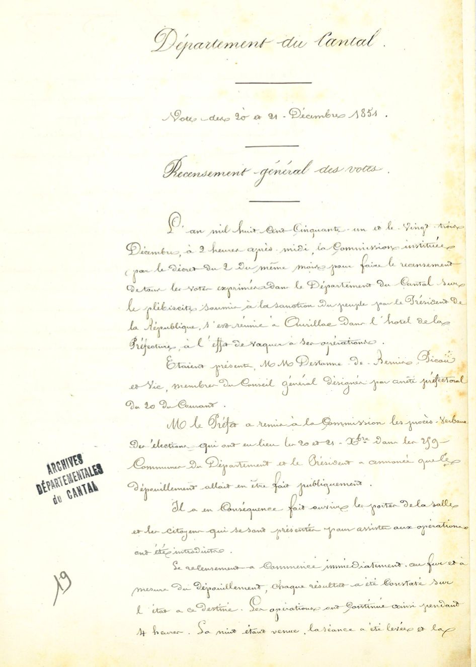 Recensement général des votes dans le département du Cantal (cote ADC 2 M 1)