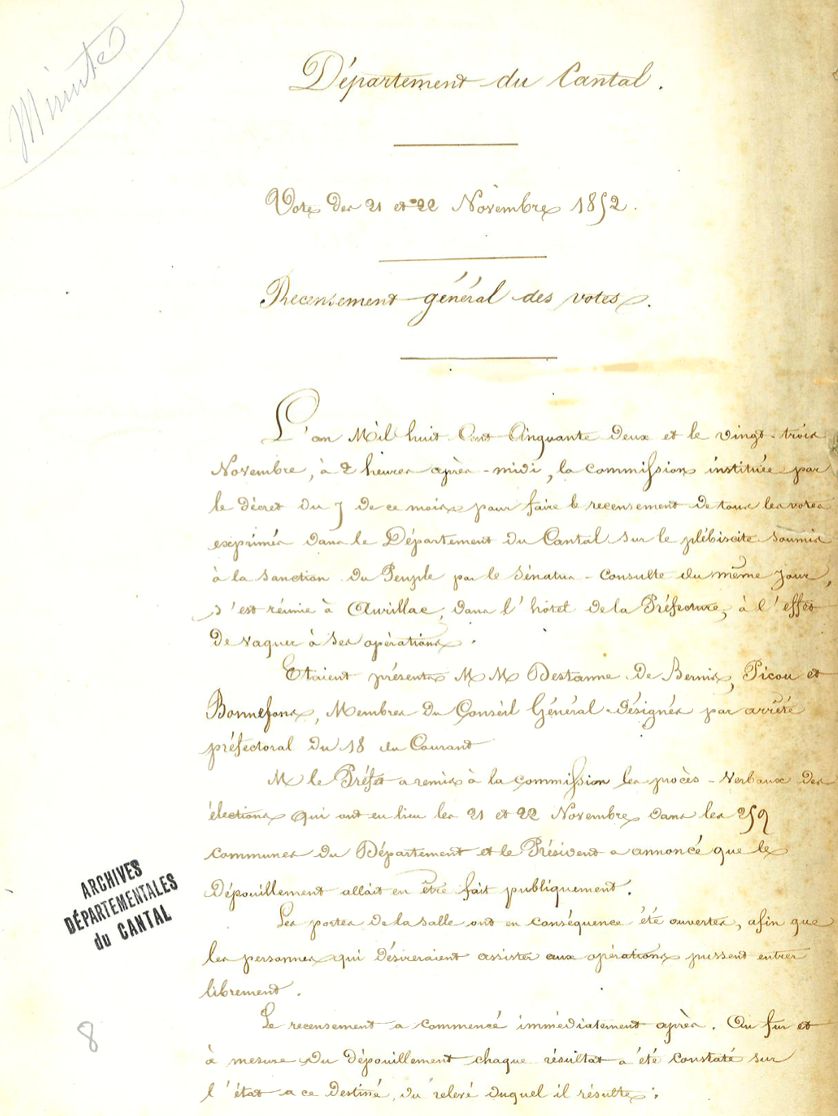 Recensement général des votes dans le département du Cantal (cote ADC 2 M 1)