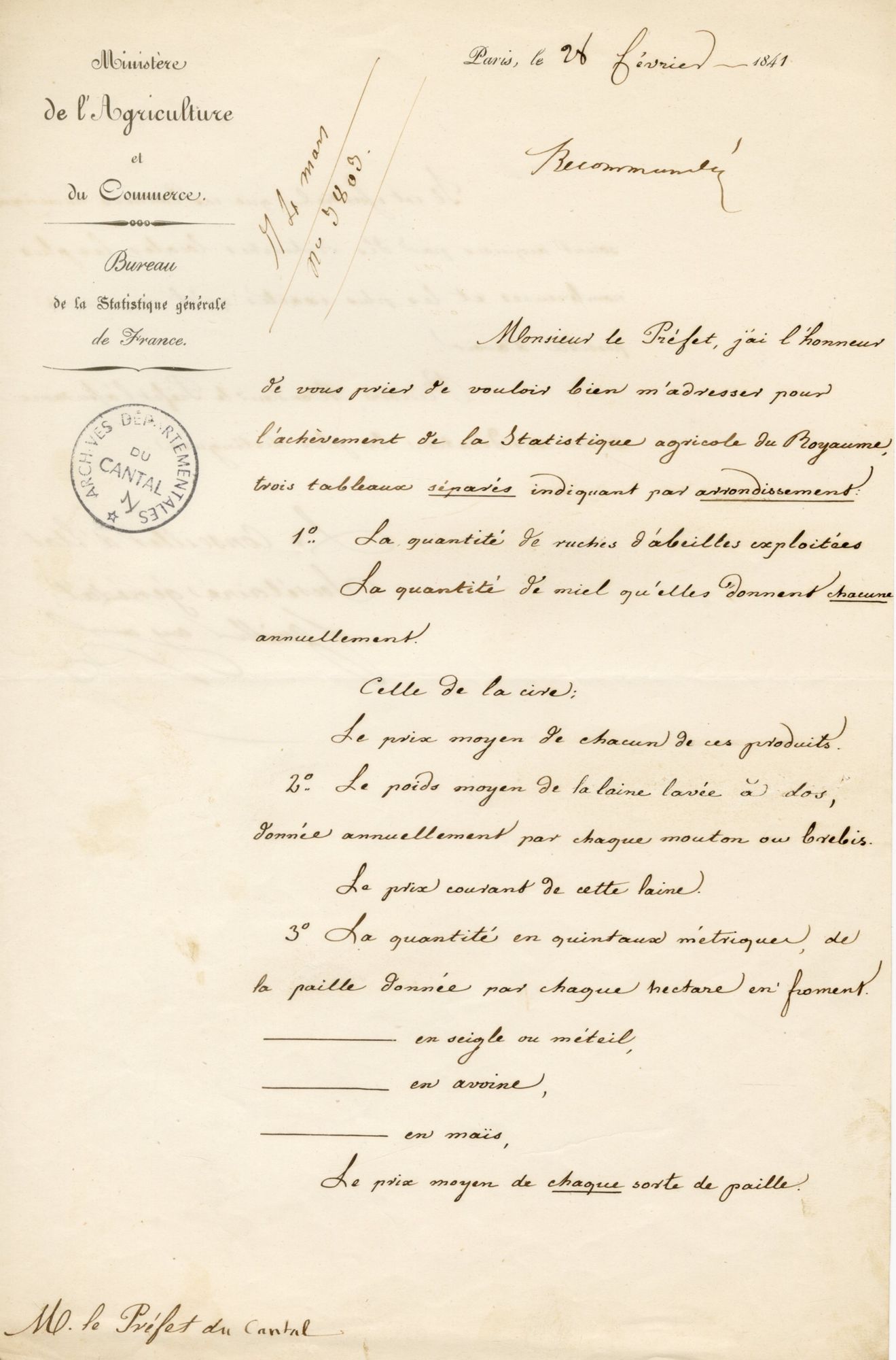 Demande du bureau de la statistique générale de France (28 février 1841)