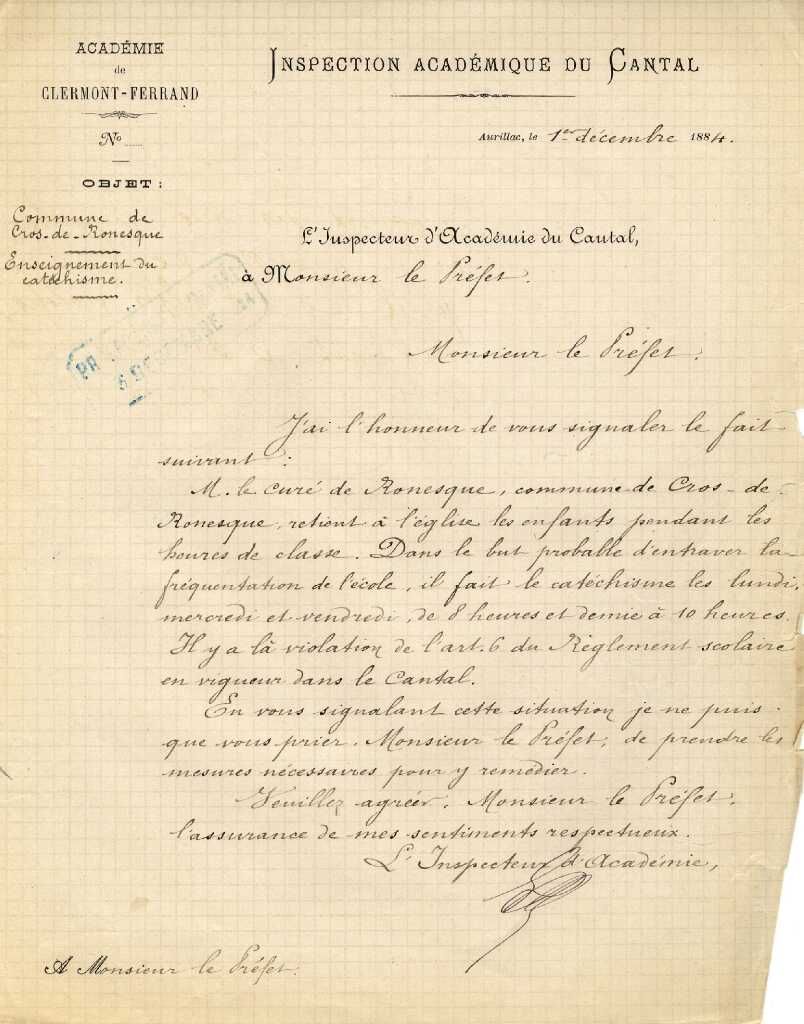 Opposition entre curé et instituteur (cote ADC : 1 T 356)