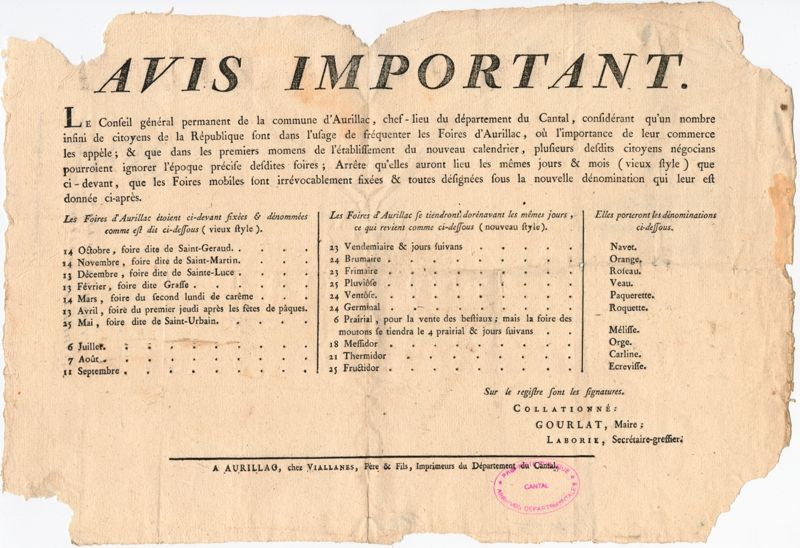 Navet, roquette, écrevisse… Un nouveau calendrier des foires pour Aurillac (1793-1794)