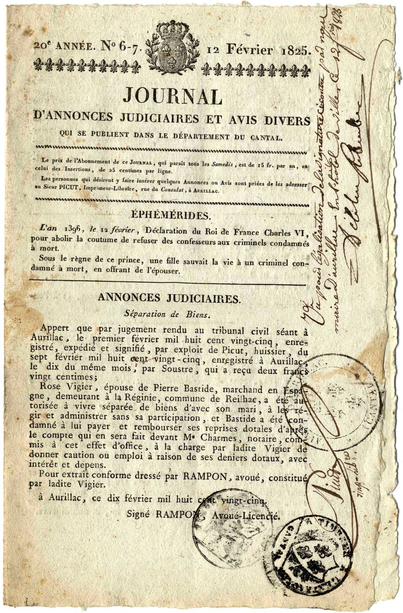 A propos d’enchères, de loup dévoreur d’hommes et de sérendipité (1825)