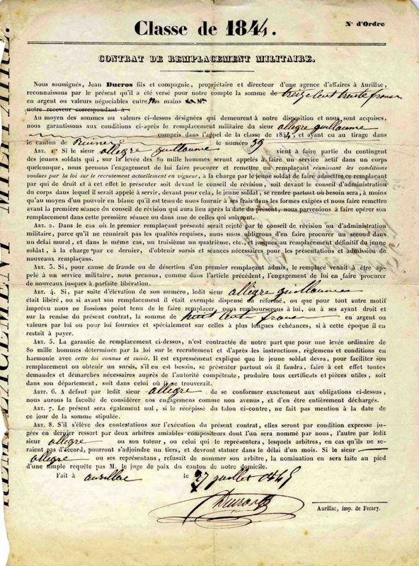 Une doublure pour le service militaire : le contrat de remplacement de Guillaume Allègre (1845)