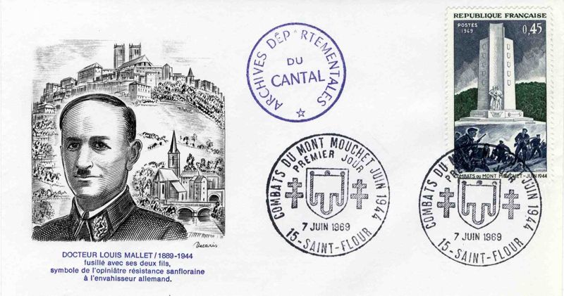 Enveloppe philatélique commémorant le 25e anniversaire de la Libération éditée par la ville de Saint-Flour en 1969