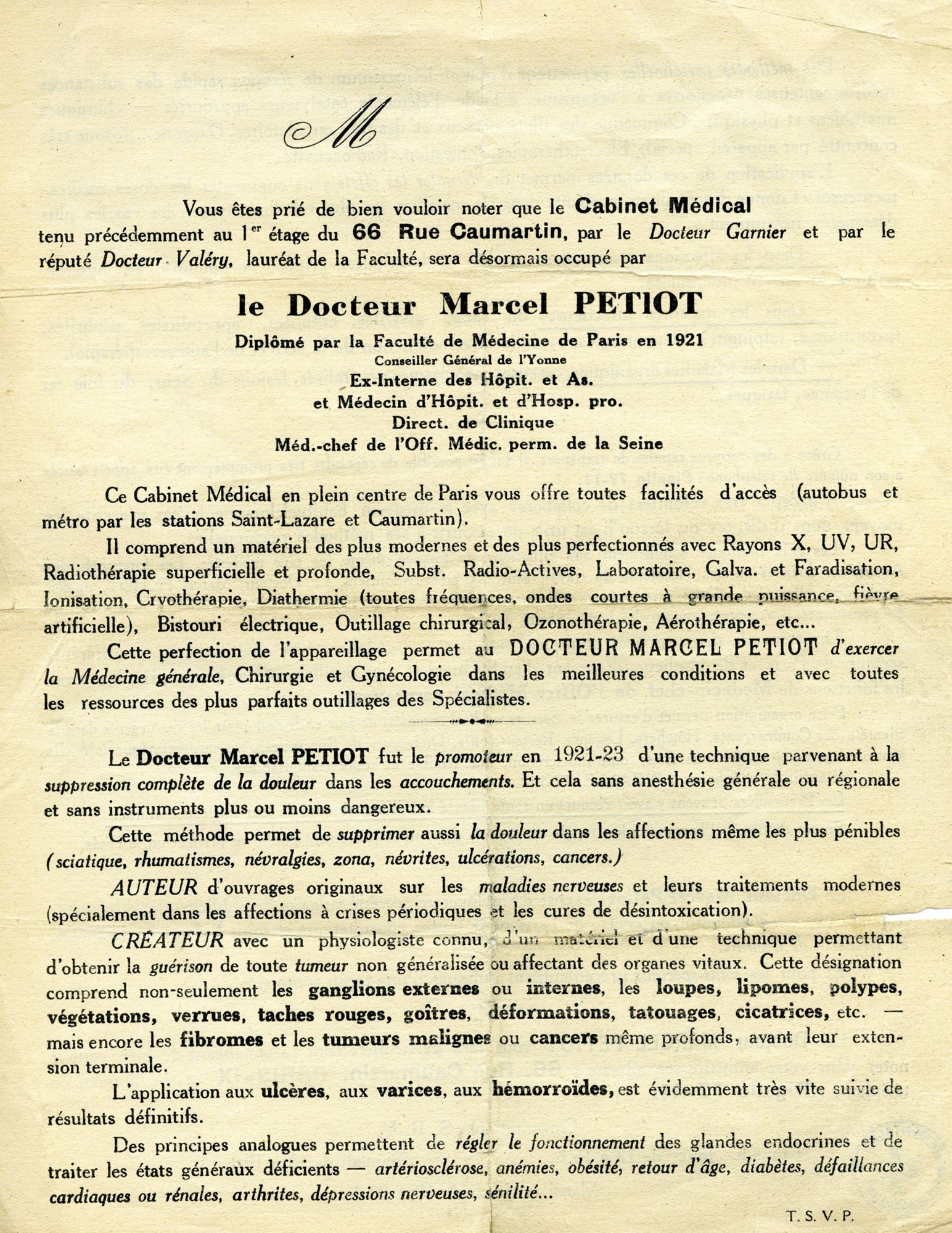Prospectus du docteur Marcel Petiot (1933)