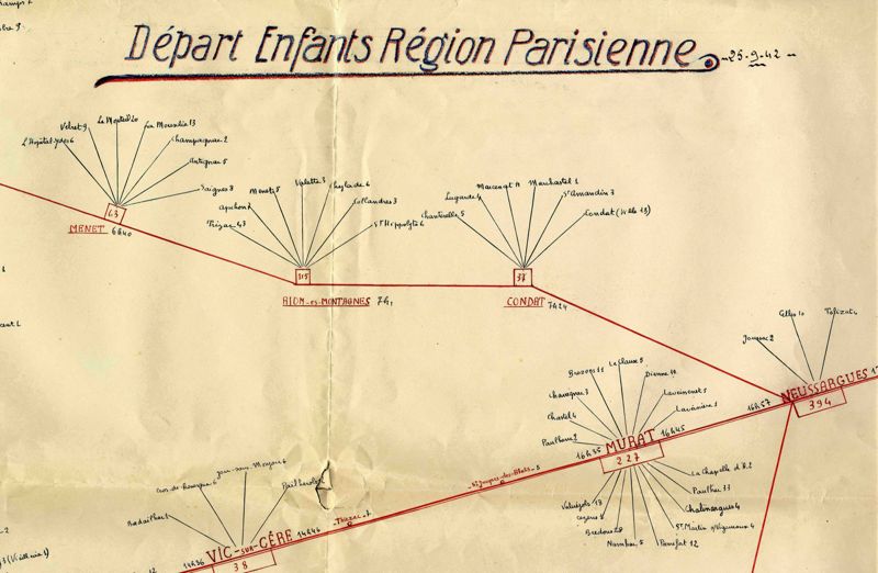 Plan de répartition dans le Cantal "d'enfants sinistrés" de la banlieue parisienne (1942)
