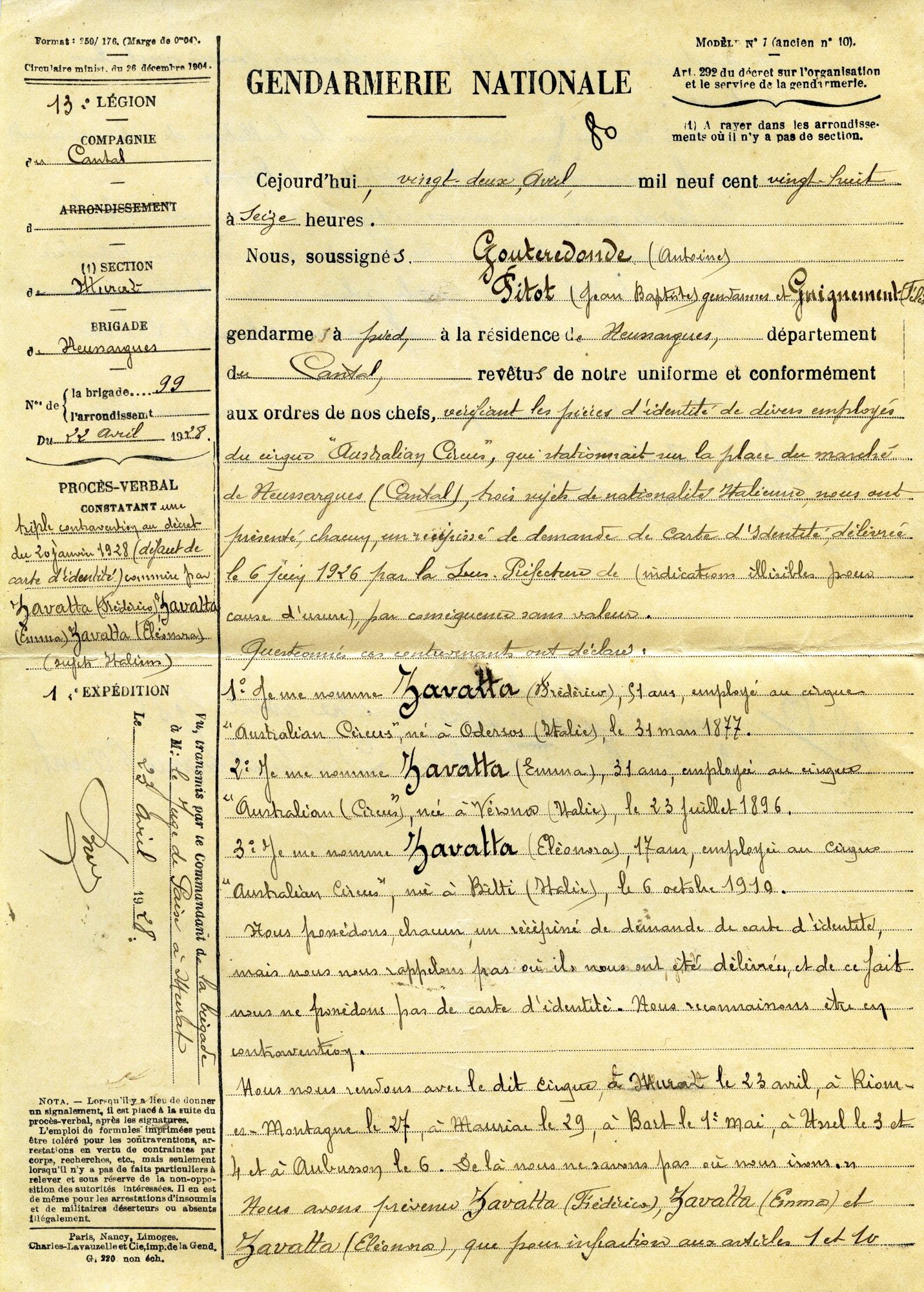 Contrôle d'identité des Zavatta à Neussargues en 1928